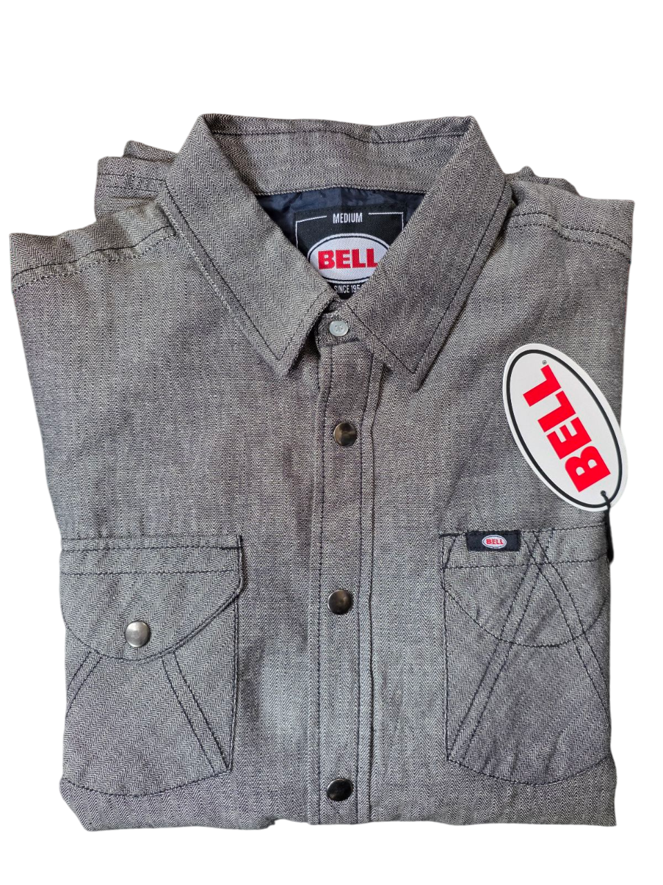 Bell Mens Cotton Long Sleeve Rucker Herringbone Casual Shirt Medium - Grey