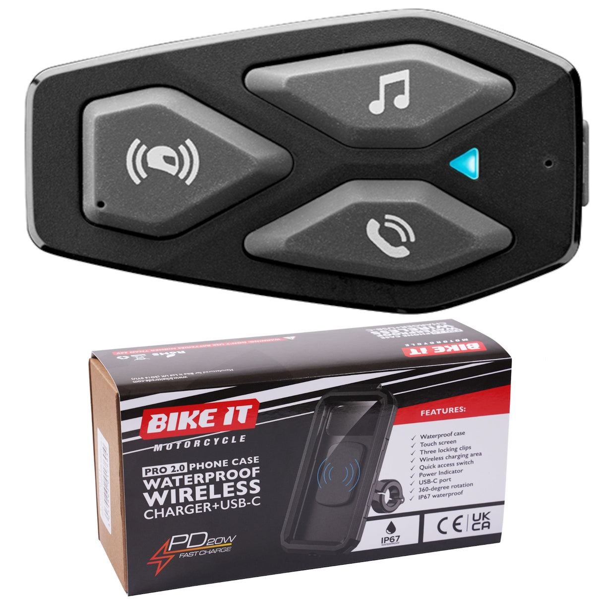 Interphone Ucom 3 Universal Bluetooth Intercom Single + Bike It Pro 2.0 Waterproof Phone Mount and Wireless Fast Charger Kit Bundle