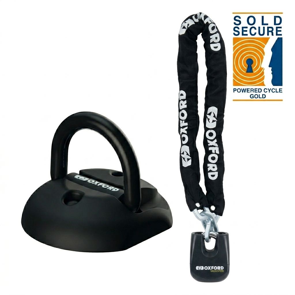 Oxford Security Combo Kit Monster Chain 1.5m and Oxford TaskForce Ground Anchor Sold Secure Gold Bundle