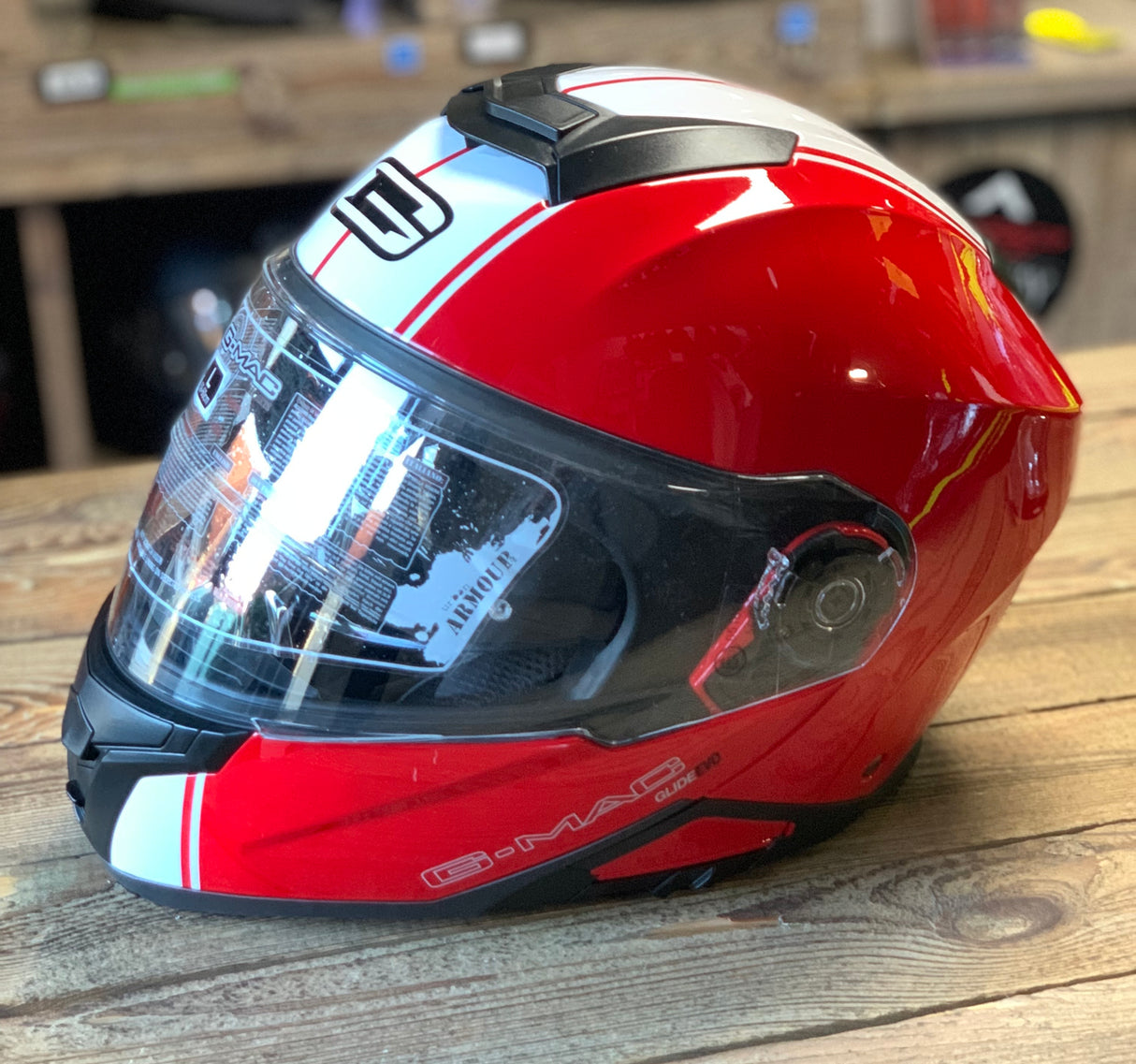 G-Mac Glide Evo Flip Front Motorcycle Helmet Gloss Red/White Large - Warehouse Offer