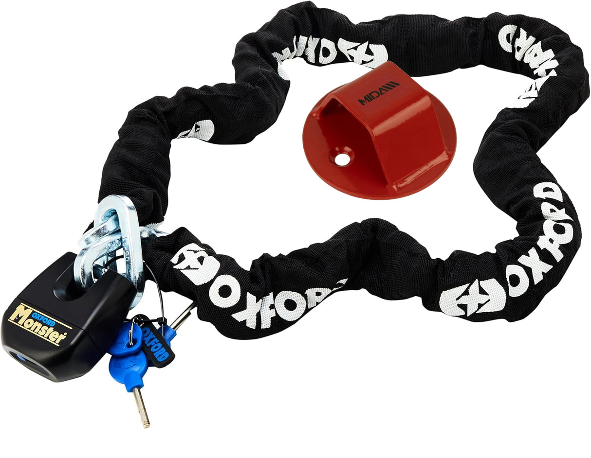 Oxford Monster 12mm Square Security Chain 1.5m & Padlock with Mida Titan Ground Anchor Bundle Kit