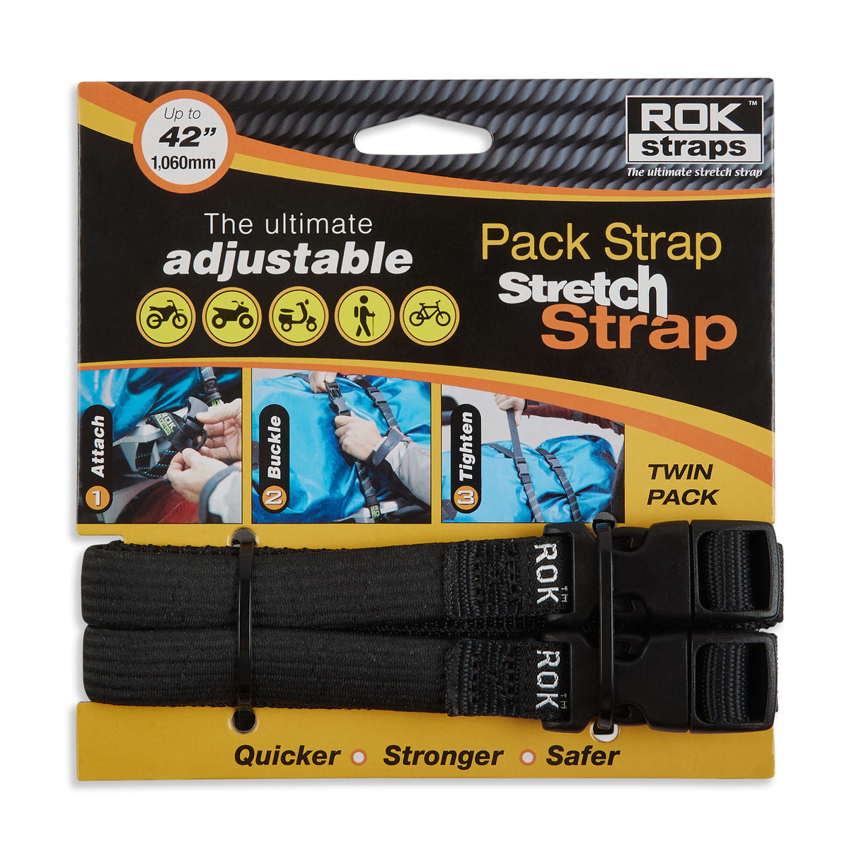 Rok Luggage Straps Adjustable Stretch 310 - 1060 x 16mm Black/Black - Twin Pack