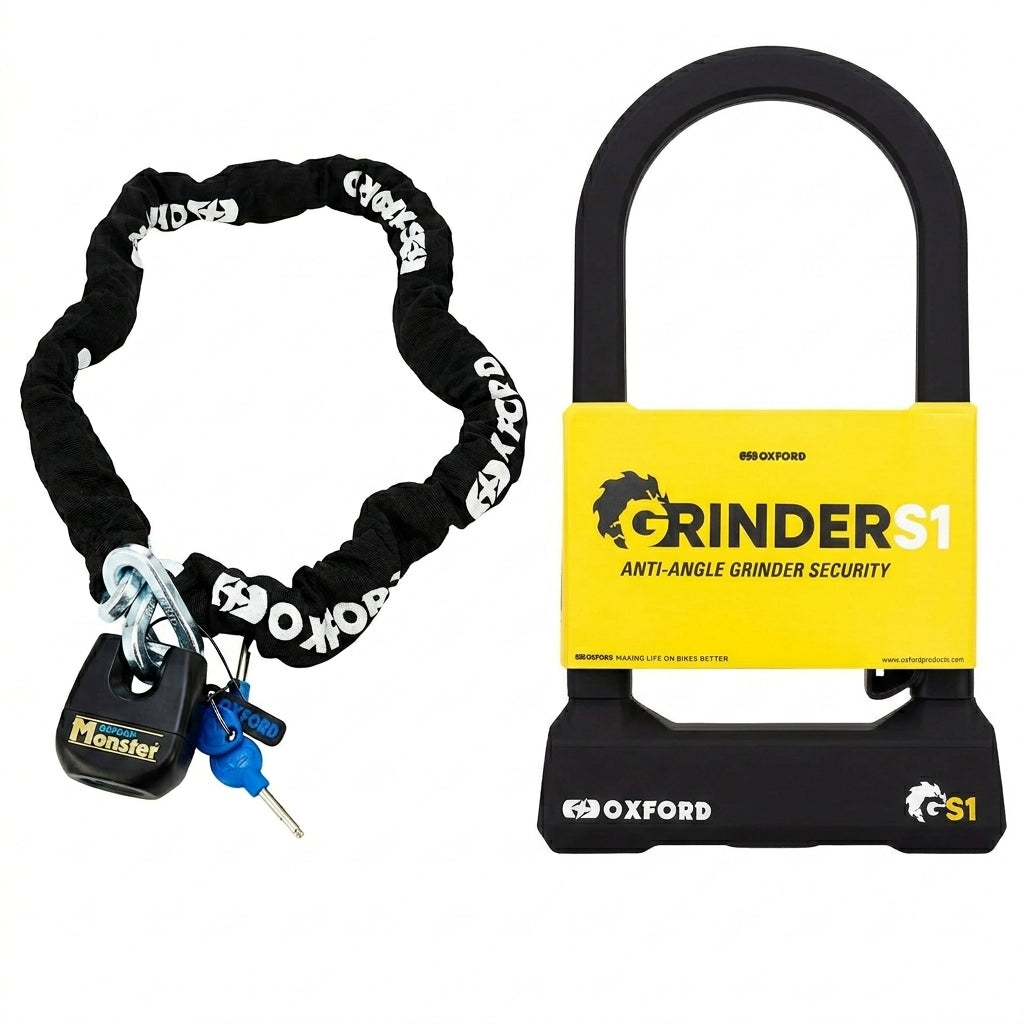 Oxford Grinder D Lock Monster Chain Lock and Ground Anchor Bundle