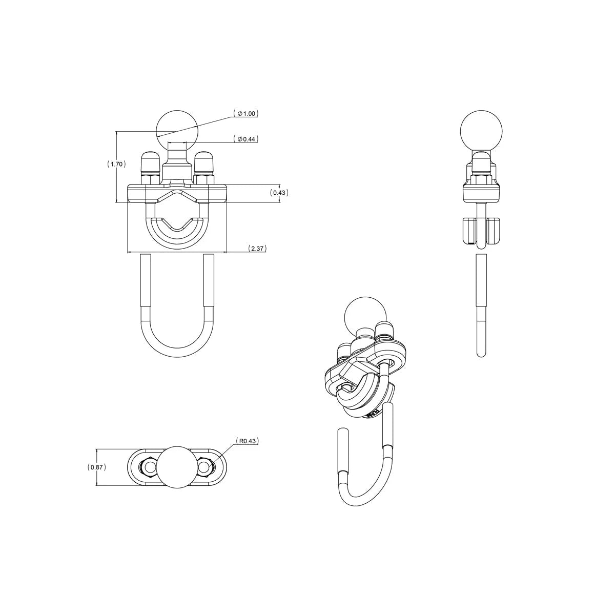 RAM® Handlebar U-Bolt Base for Rails 0.5" to 1" in Diameter - B Size