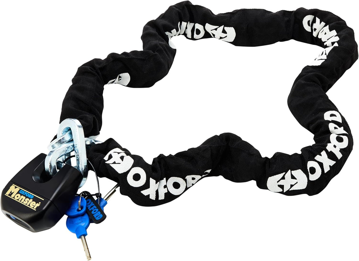 Squire Defiant Sold Secure Diamond Motorcycle Disc Lock & Oxford Monster Chain 1.5m & Padlock Bundle Kit