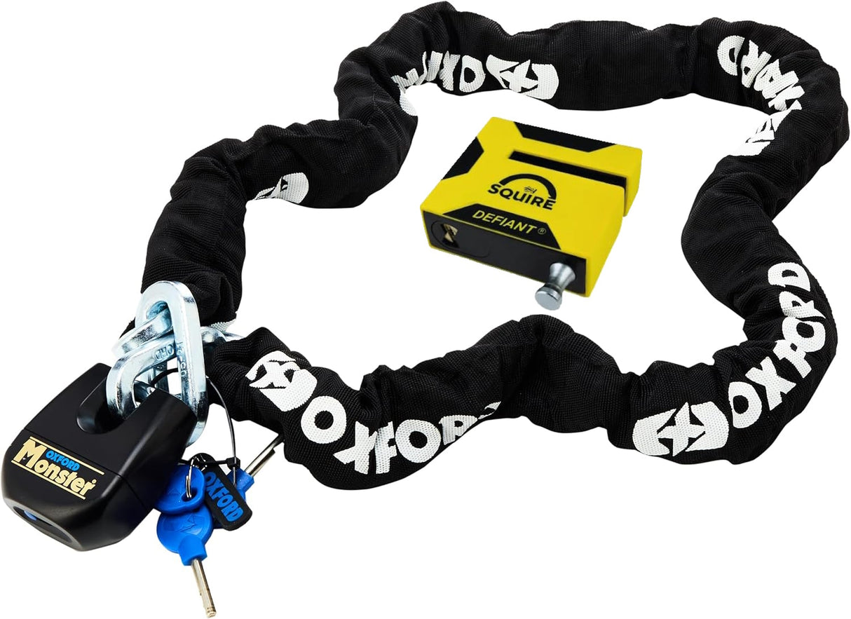 Squire Defiant Sold Secure Diamond Motorcycle Disc Lock & Oxford Monster Chain 1.5m & Padlock Bundle Kit