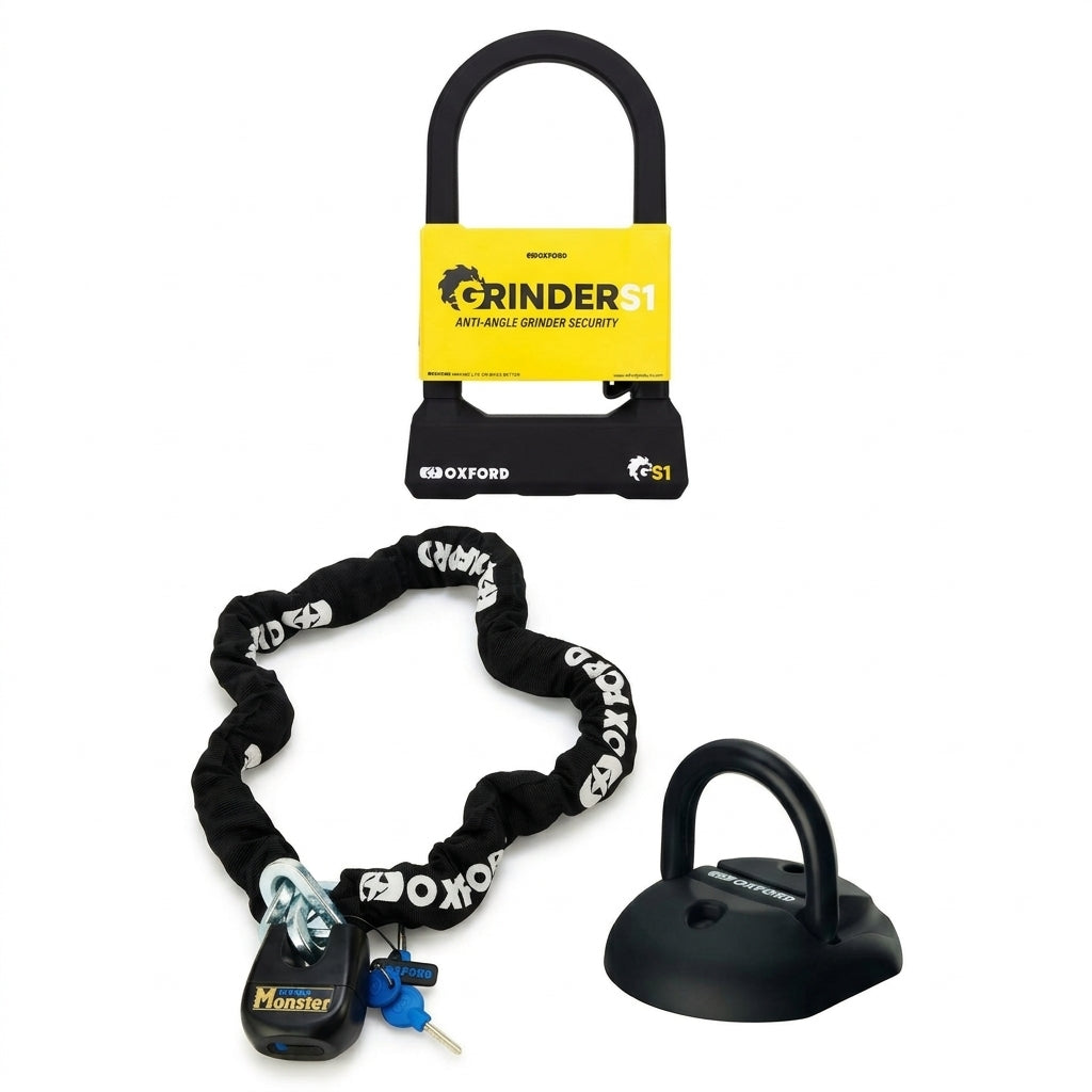 Oxford Grinder D Lock Monster Chain Lock and Ground Anchor Bundle