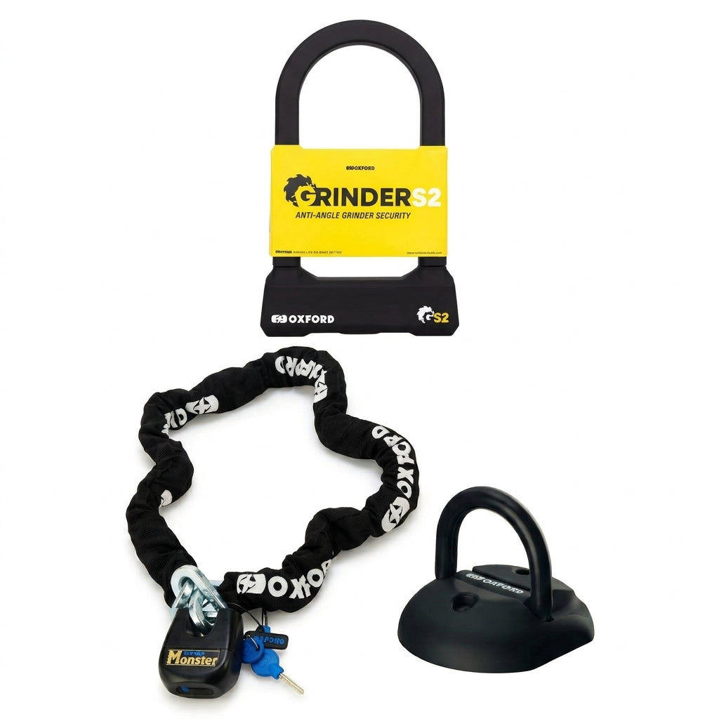 Oxford Grinder D Lock Monster Chain Lock and Ground Anchor Bundle