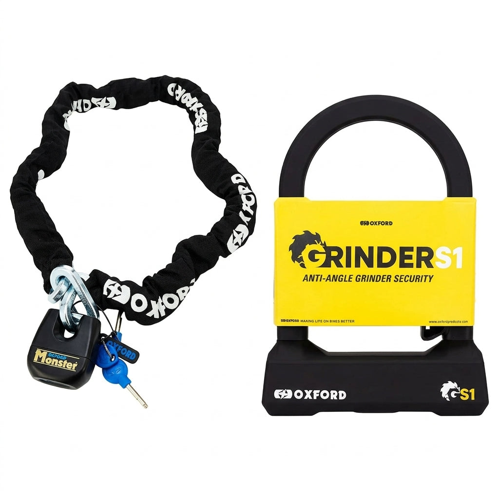 Oxford Grinder D Lock Monster Chain Lock and Ground Anchor Bundle