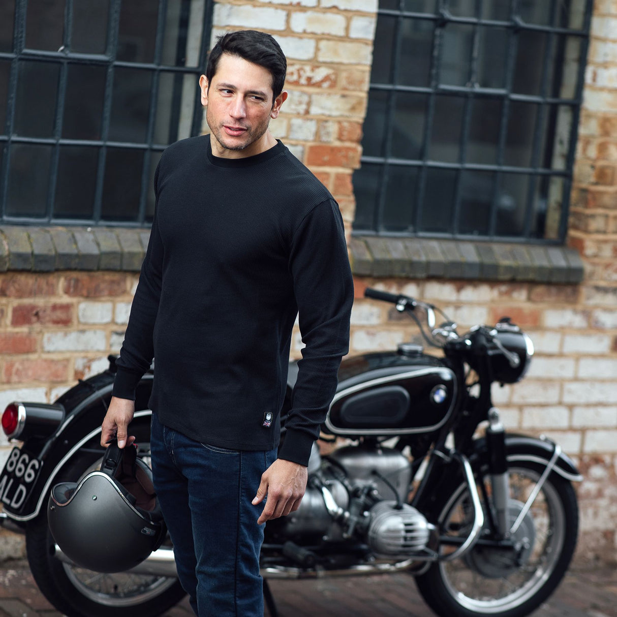 Merlin Kingsley Long Sleeve Waffle Knit Organic Cotton Shirt Black